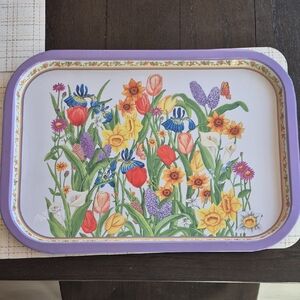 Floral Serving Tray with Purple Border